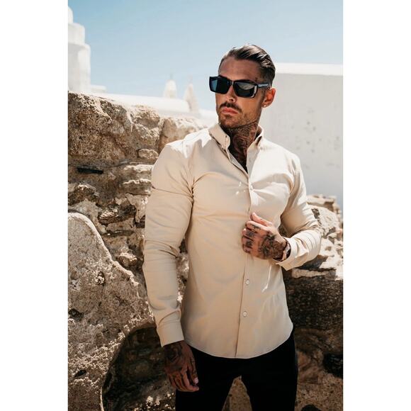 FATHER SONS Super Slim Stretch plain Beige Long Sleeve Large Dark - Picture 3 of 3